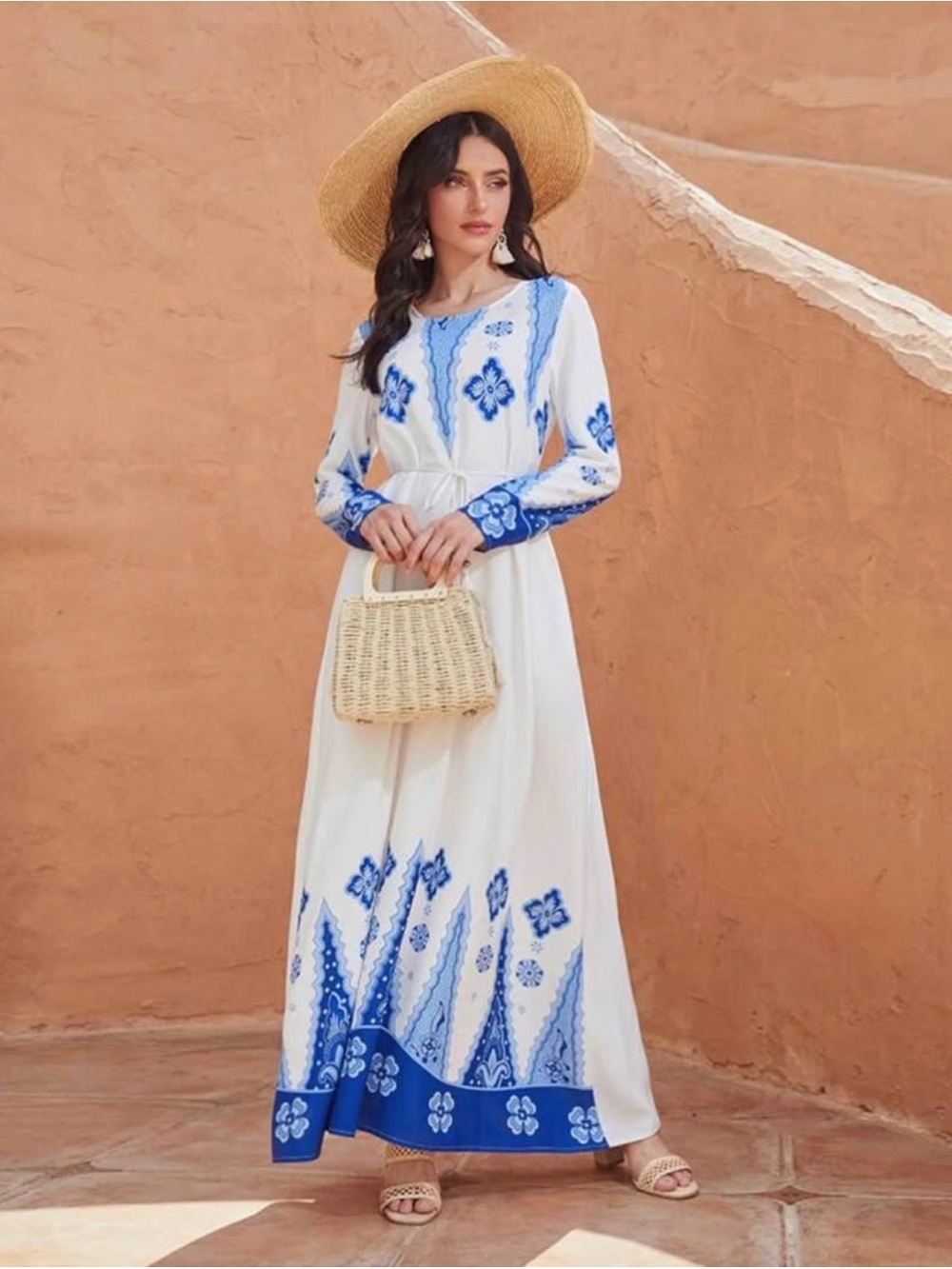 White and Blue Embroidered Maxi Dress - Brand